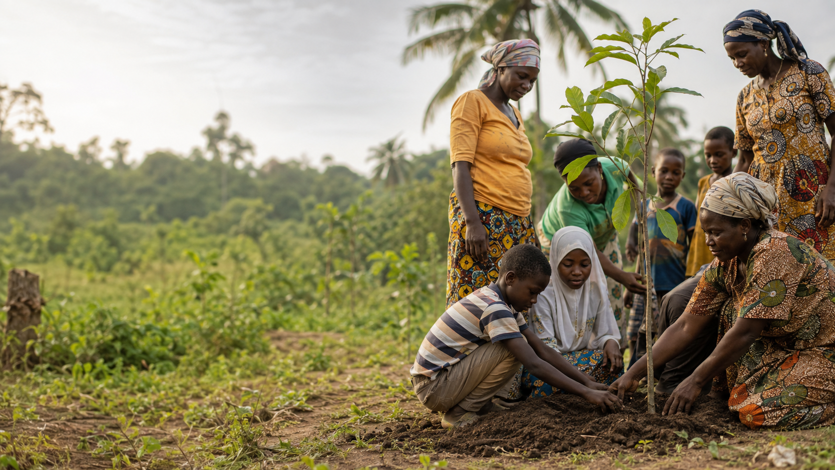 Community members planting a young tree together